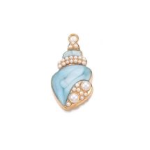 Metalliemalimaskotti kierresimpukka aqua / helmi / kulta 25x24 mm