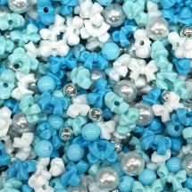 Akryylihelmilajitelma "rusetti"  turkoosi / aqua / hopea n. 10 g