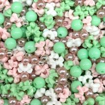 Akryylihelmilajitelma "rusetti" minttu / vaaleanpunainen / hopea n. 10 g