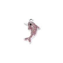 Metallimaskotti delfiini platinanvärinen / vaaleanpunaiset strassit 21,5x13 mm
