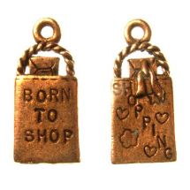 Metallimaskotti "Born to shop" antiikkikuparinväri 21,3x9,7 mm