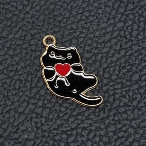 Metalliemalimaskotti musta kissa ja sydän 25x22 mm
