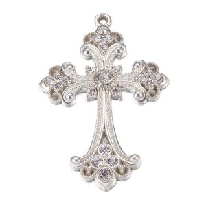 Metalliriipus iso risti "Madonna" 7,5x5 cm hopeoitu/ kirkkaat strassit 1 kpl