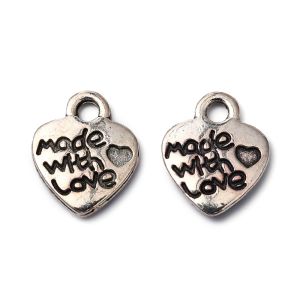 Metallimaskotti tagi sydän "made with love" 12x10 mm antiikkihopeoitu 1 kpl