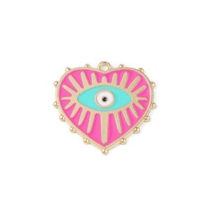 Metalliemalimaskotti evil eye sydän tumma pinkki / kulta 27 x 28 mm