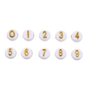 Synteettinen numerohelmilajitelma valkoinen kullanvärisellä tekstillä 7x4 mm n. 10g