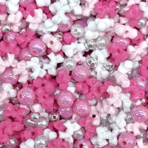 Akryylihelmilajitelma "rusetti" vaaleanpunainen / pinkki / hopea n. 10 g