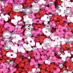 Akryylihelmilajitelma "rusetti" punainen / pinkki / hopea n. 10 g