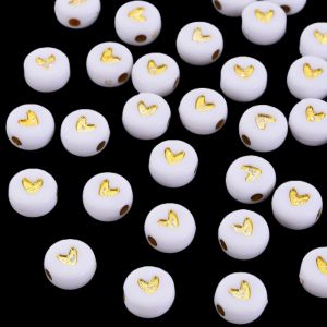 Akryylihelmi valkoinen/kulta sydän litteä pyöreä n. 7x3,5 mm 10 g