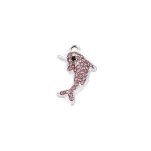 Metallimaskotti delfiini platinanvärinen / vaaleanpunaiset strassit 21,5x13 mm