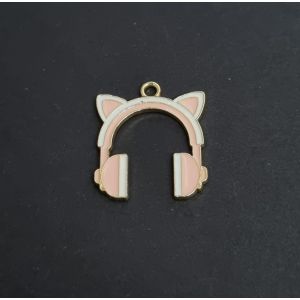 Metalliemalimaskotti kuulokkeet vaaleanpunainen/ valkoinen/ kulta 23,5x21 mm